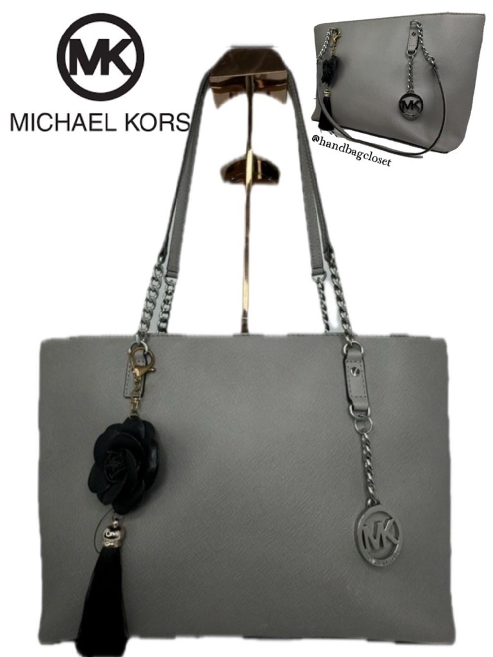 Michael Kors MK Gray Leather Saffino Zip Bag with Silver Chain
